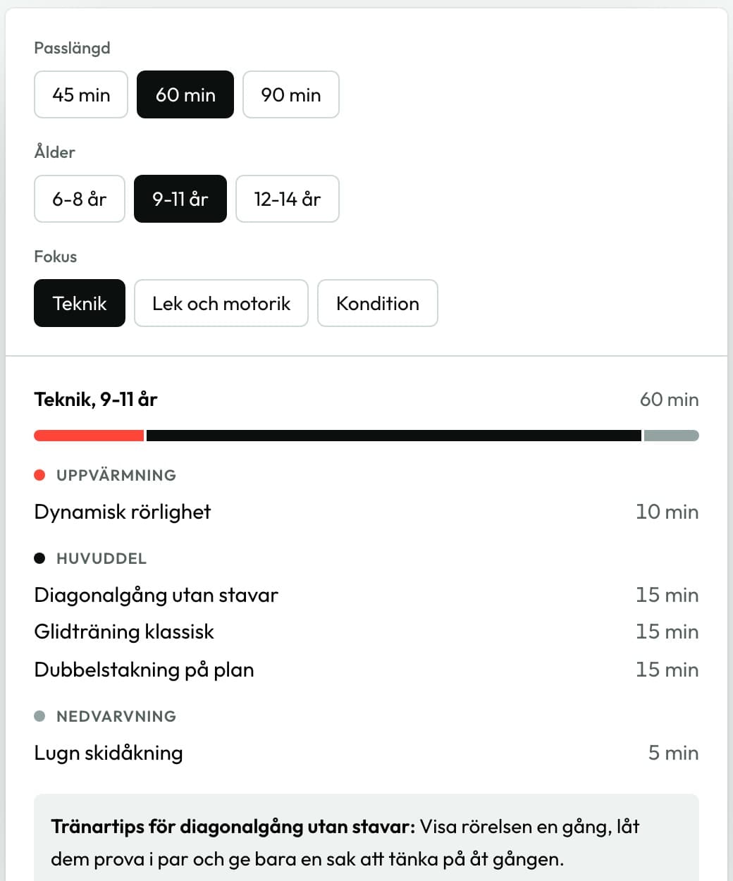 Atletio: ett träningspass för 9–11 år med uppvärmning, huvuddel och nedvarvning, byggt ur förbundets övningsbank