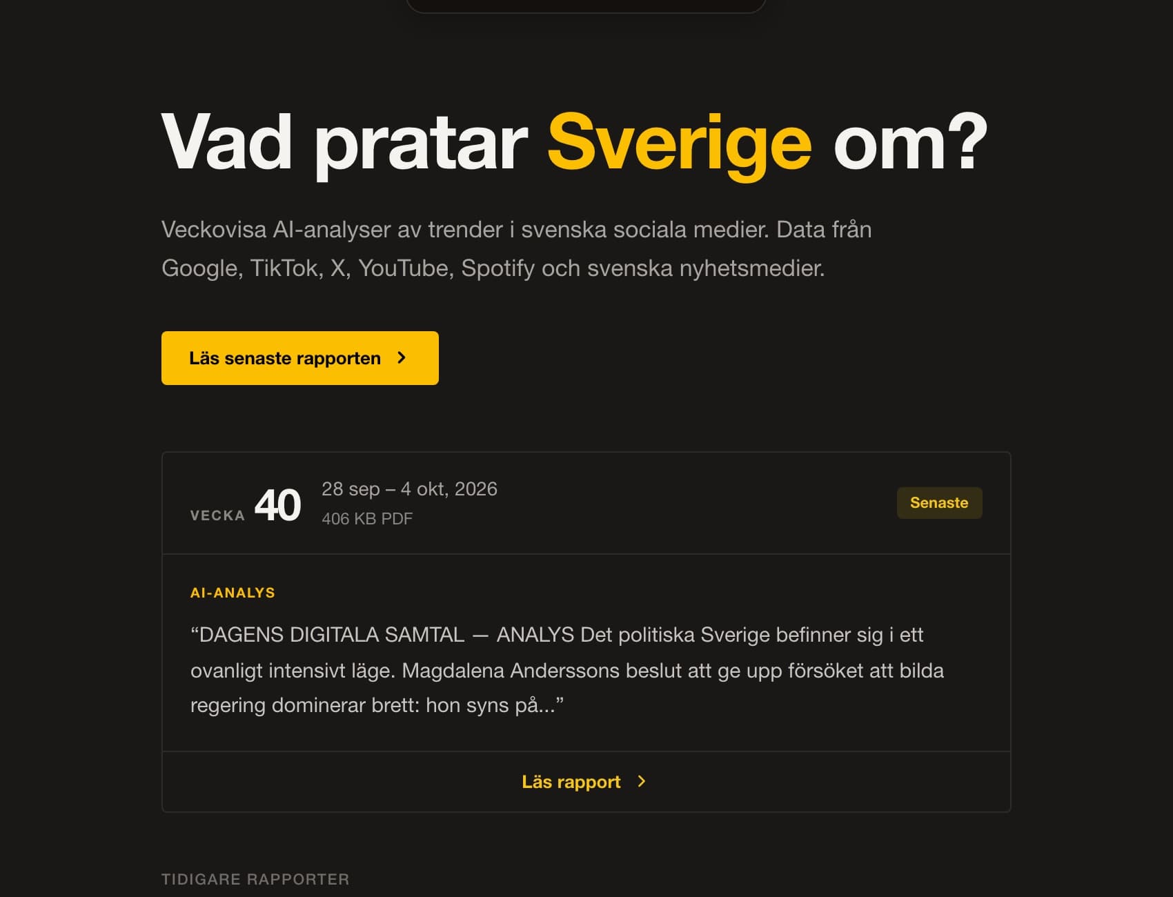 Trendrapporter: startsidan med veckans rapport och AI-analysens ingress